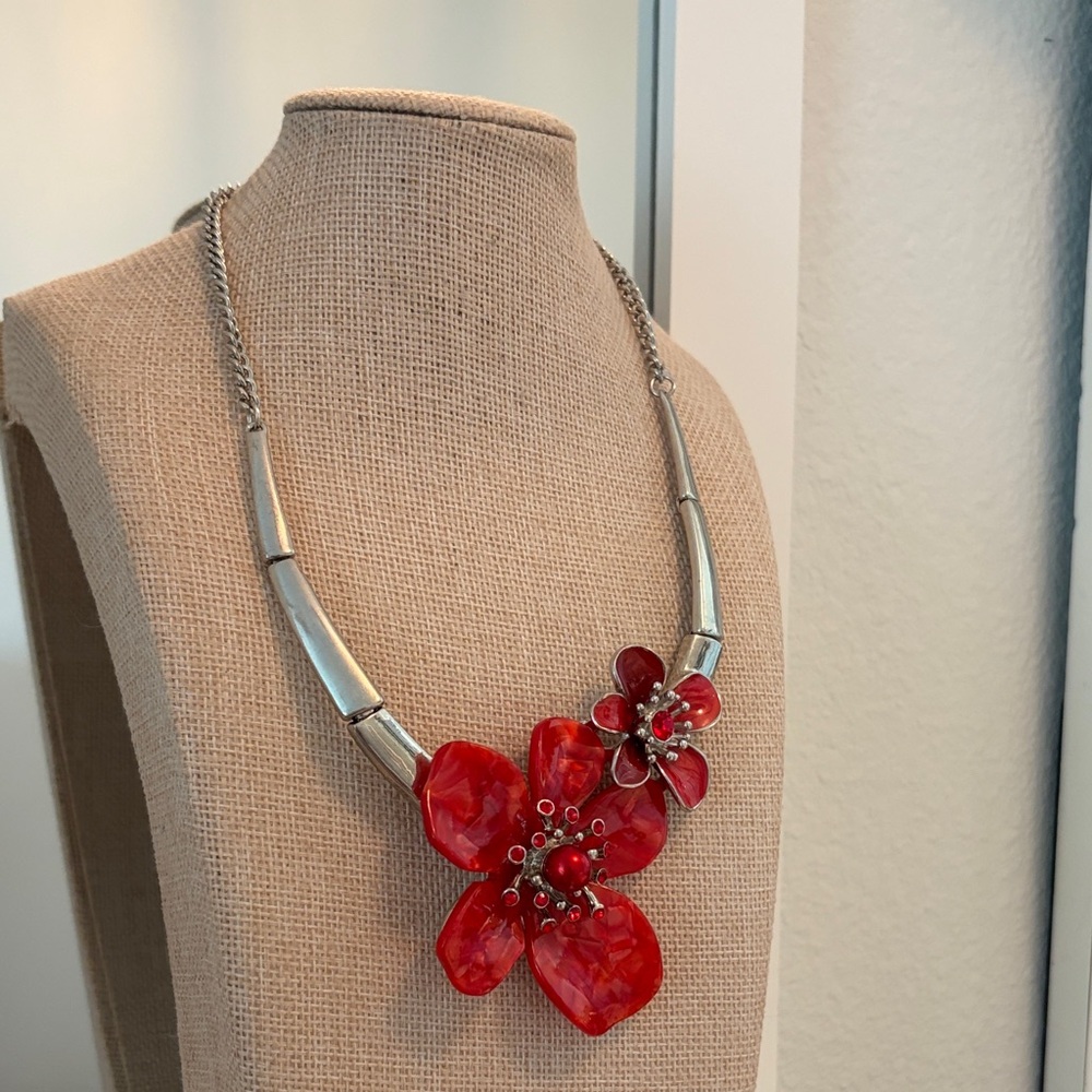 Red Enamel  Flower Statement Necklace - Women Jewelry